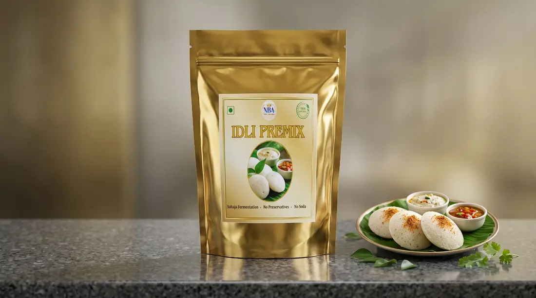 NBA Foods Idli Premix pouch beside a plate of idlis
