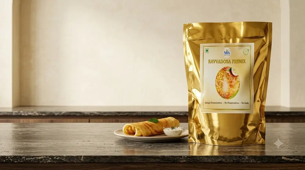 Ravva Dosa Premix pouch with a rolled dosa